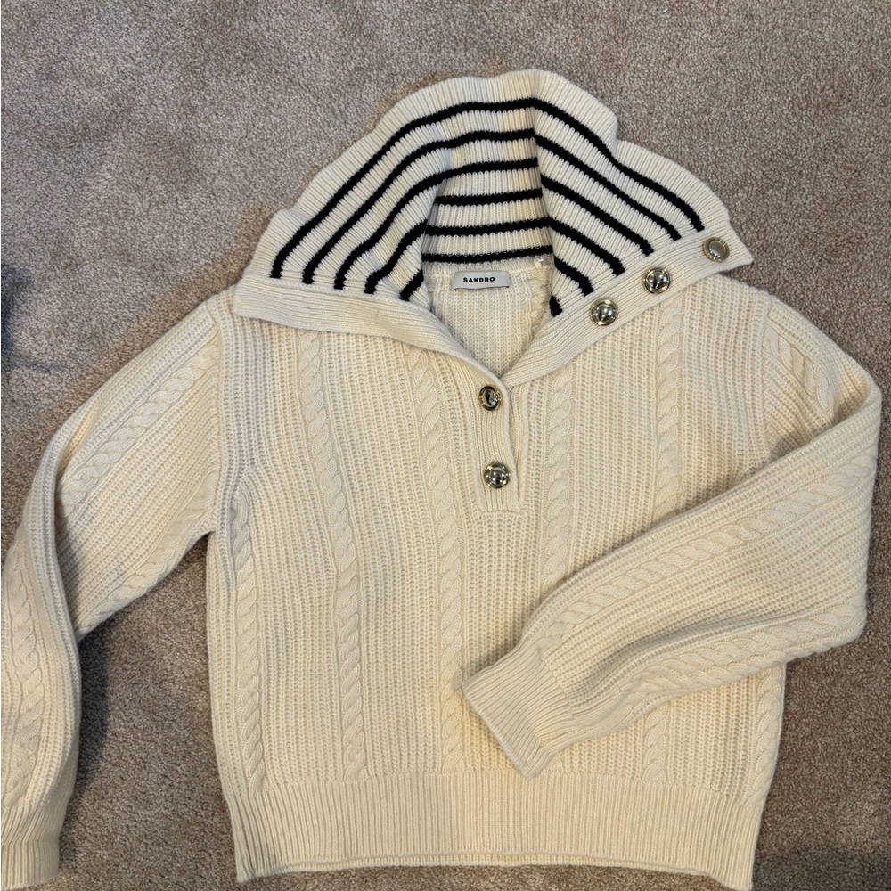 SANDRO Cream Navy Nautical Cable Knit Sweater Size 0